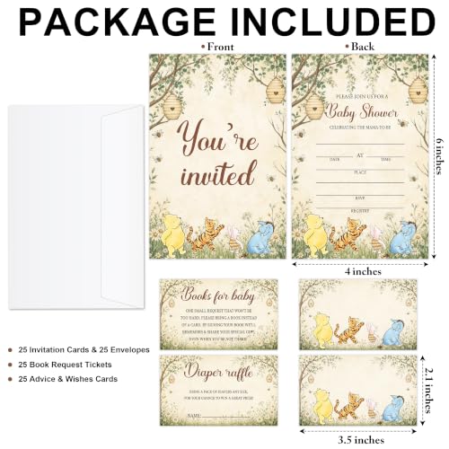 Winnie Baby Shower Invitations Set with Diaper Raffle & Book Request Cards