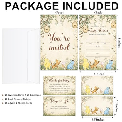 Winnie Baby Shower Invitations Set with Diaper Raffle & Book Request Cards