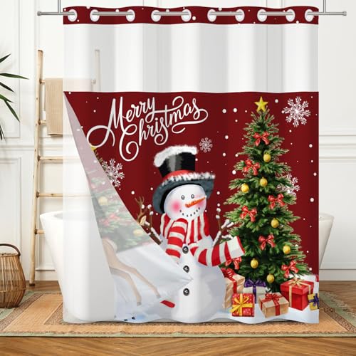 Canessioa Christmas Shower Curtain Set 71x74 Inches with Snap-in Liner - Red Brown