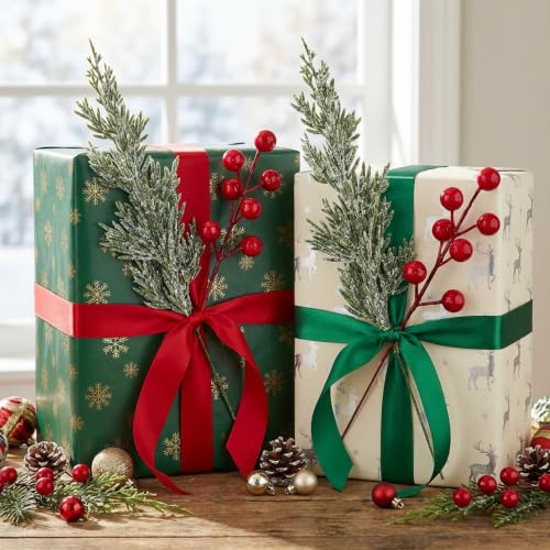 50Pcs Christmas Snow Pine Branches with Red Berries - Snowy Norfolk Pine Stem Set