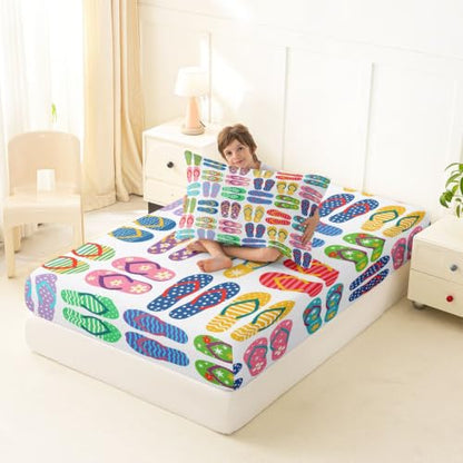 Colorful Kids Fitted Sheet Twin Size with Pillowcase - Striped Polka Dot Floral Bedding Set - Summer Beach Coastal Style - Manfei (W39xL75xH16)