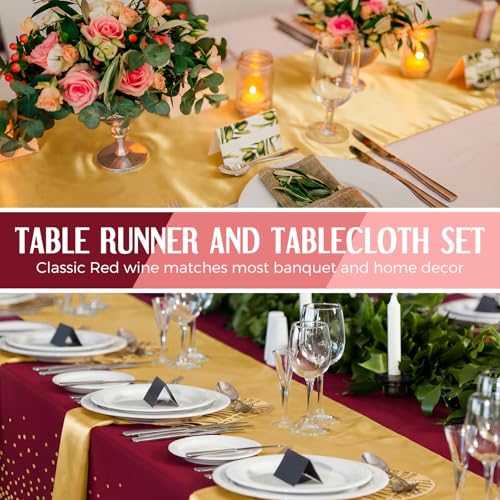 Burgundy and Gold Tablecloths Set with Satin Runners - 8 Pack - Wedding & Party Decor