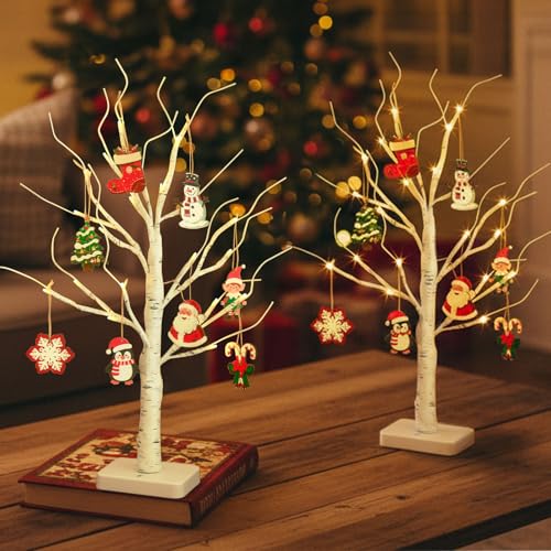Xmas Tree x2: Lighted Birch Mini Christmas Trees with 24 LED Lights, 22in - 2 Pack