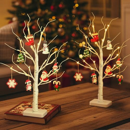 Xmas Tree x2: Lighted Birch Mini Christmas Trees with 24 LED Lights, 22in - 2 Pack