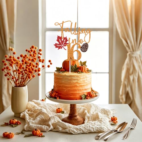 Orange Glitter Falling Into Cake Topper - 16th Birthday Autumn Celebration - Rustic Harvest Party Supplies - Variation: Orange-16