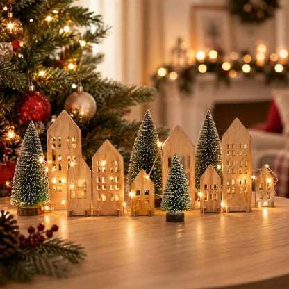 12-Piece Wooden Christmas Village Set with LED Lights and Mini Trees