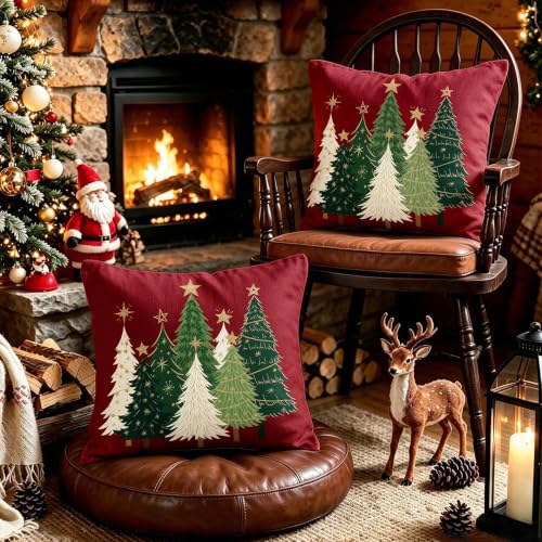 20x20 Christmas Pillow Covers Set of 2 Dark Red Xmas Tree Decor - Cotton Linen