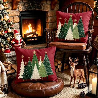 20x20 Christmas Pillow Covers Set of 2 Dark Red Xmas Tree Decor - Cotton Linen