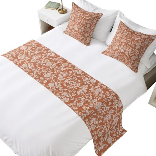 King Size Botanical Rose Bed Runner Set with Pillow Covers Burnt Orange 94x20"