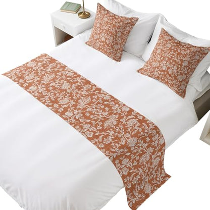 King Size Botanical Rose Bed Runner Set with Pillow Covers Burnt Orange 94x20"
