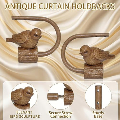Faux Wood Bird Finial Curtain Holdbacks Tiebacks with Hooks - Rustic Home Decor