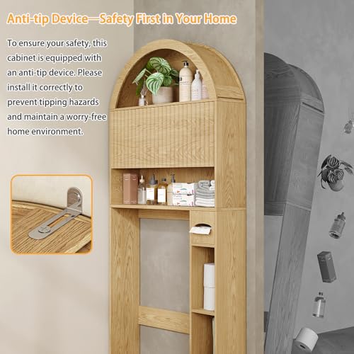 31-Inch Arched Over Toilet Storage Cabinet with Fluted Doors - Natural