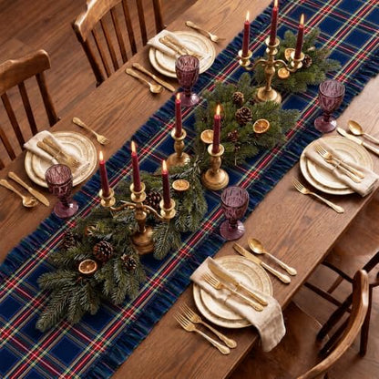Navy Blue and Red Tartan Christmas Table Runner 72 Inch Ruffled