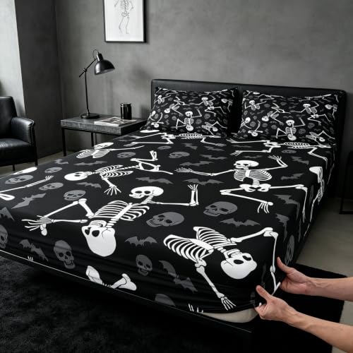 Obsidian Black & Off-White Queen Bed Sheet Set with Skeleton Print & Deep Pockets