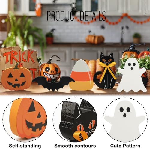 Halloween Wooden Decor Signs Set - Ghost Pumpkin Bat Black Cat Candy Corn