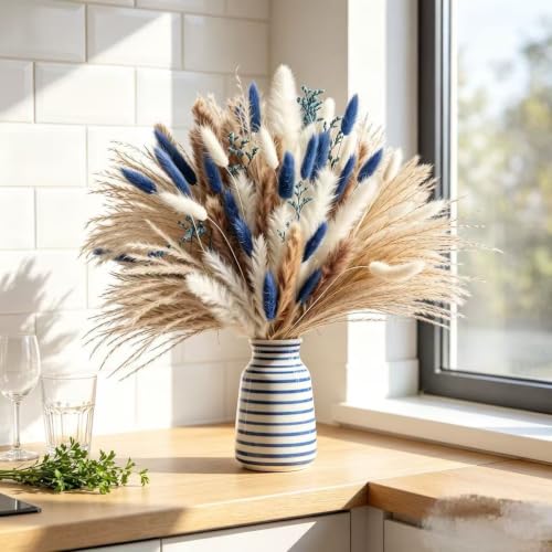 73PCS Dried Flower Bouquet with Blue & Natural Boho Decor for Wedding & Home