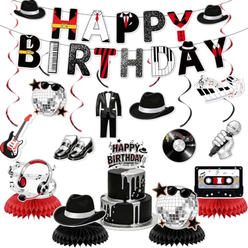 Retro Disco Party Decorations Set Black Red - Music Legend Birthday Supplies with Banner Honeycomb Centerpieces & Hanging Swirls