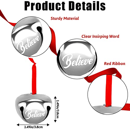 Silver Believe Bell Ornaments - 12 Pcs Metal Christmas Sleigh Bells with Red Ribbons