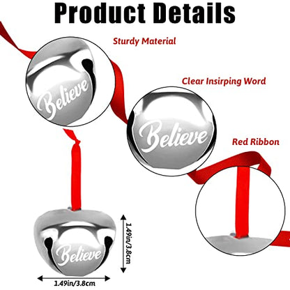 Silver Believe Bell Ornaments - 12 Pcs Metal Christmas Sleigh Bells with Red Ribbons