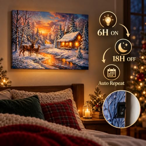 Sunset Gold Deer Cabin Christmas Canvas Wall Art 24x18 with Glitter & Timer