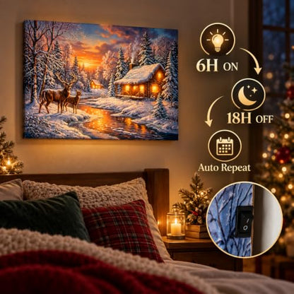 Sunset Gold Deer Cabin Christmas Canvas Wall Art 24x18 with Glitter & Timer