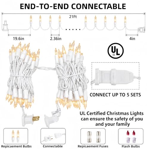 Warm White Christmas Lights 21ft 100 Incandescent Mini Bulbs Connectable