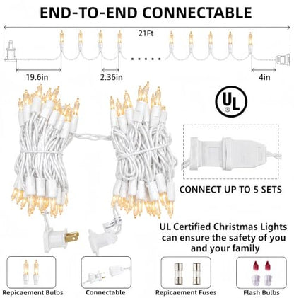 Warm White Christmas Lights 21ft 100 Incandescent Mini Bulbs Connectable