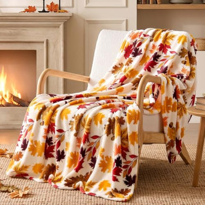 Fleece Blanket for Fall Leaves Design Twin Size 60x80 Inches - Plush Cozy Throw