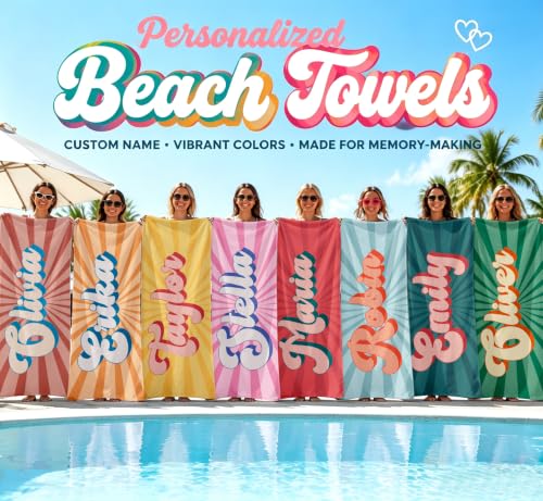 Personalized Beach Towel with Name - Retro Summer Vacation Style 02 - Microfiber, Quick Dry & Sand-Free - Custom Kids & Adults Beach Gift