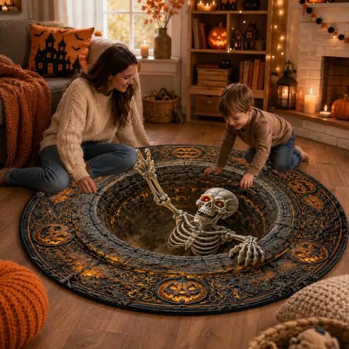 NAZENTI 3D Skeleton Optical Illusion Round Rug - Halloween Floor Mat, Spooky Pumpkin Hole Design, Skeleton Vortex Decoration, Design 1