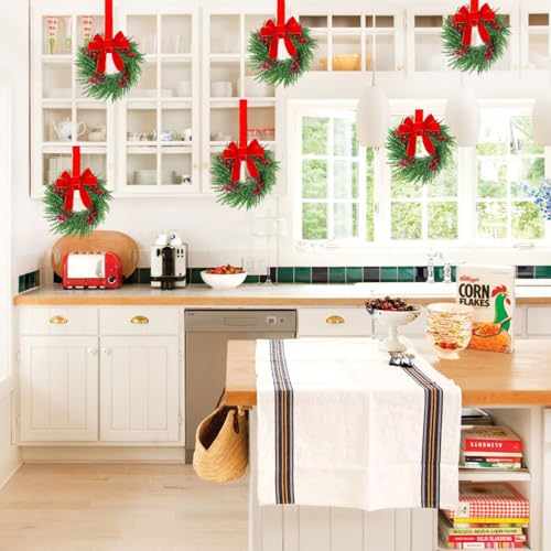 12 Pcs Mini Christmas Wreaths for Kitchen Cabinets with Red Velvet Bows - 12 Inch