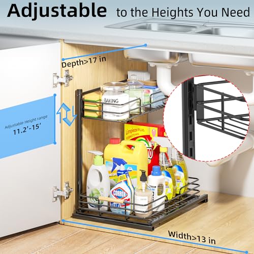 Delamu 1Pack Under Sink Organizer, Adjustable Height Under Sink Organizers and Storage, Metal Under Kitchen Sink Organizer, Under Sink Storage for Bathroom Cabinet, Undersink Organizers Kitchen, Black