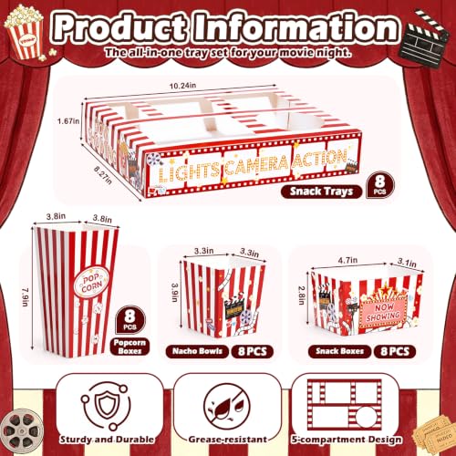 Movie Night Snack Trays with Popcorn & Snack Boxes - Red / 32