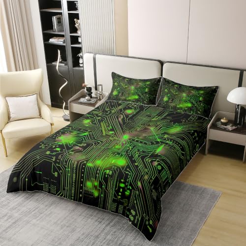 Green Black Twin Cotton Duvet Cover Set with Hidden Zipper & Corner Ties