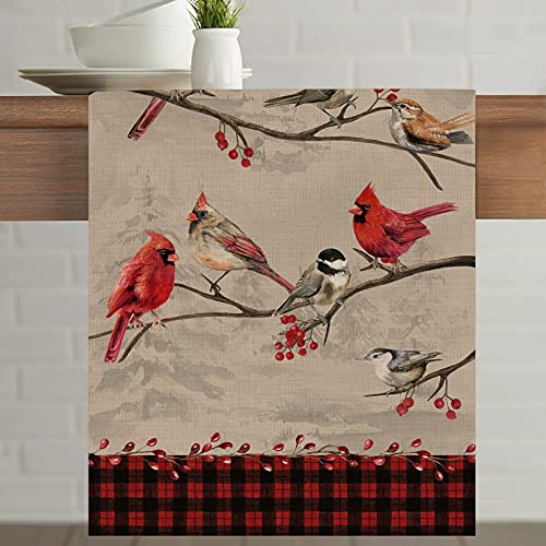 Vintage Bird Branch Table Runner - 13 x 72 Inches Winter Cardinal & Chickadee Berry