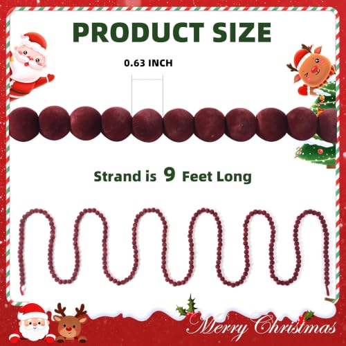9FT Velvet Bead Christmas Garland - Dark Red Flocked Holiday Decor