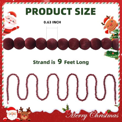 9FT Velvet Bead Christmas Garland - Dark Red Flocked Holiday Decor