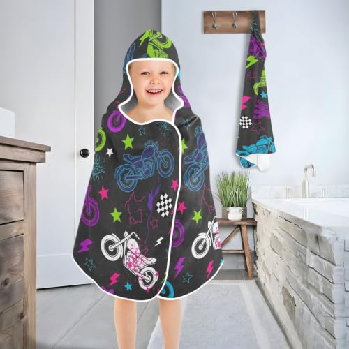 Kids Hooded Beach Towel Poncho with Neon Motorcycle Design - Soft & Absorbent