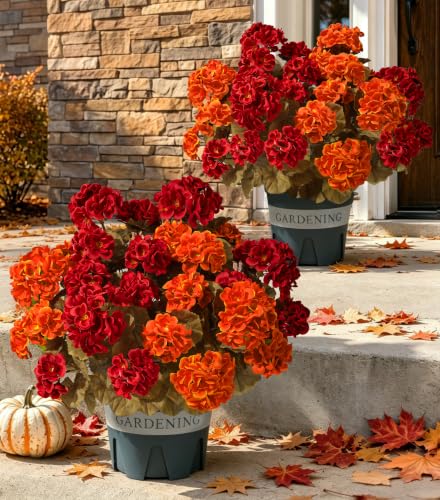 Artificial Geranium Flowers for Outdoors 12-Pack Fall Garden Decor with Red & Orange Variations