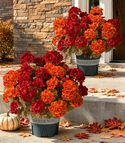 Artificial Geranium Flowers for Outdoors 12-Pack Fall Garden Decor with Red & Orange Variations