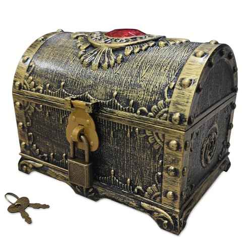 Kids Pirate Treasure Chest Storage Box,Red Rhinestone Inlaid Top Decorative Pirate Chest with Lock and Key for Kids Birthday,Halloween, Christmas Pirate Party Favors