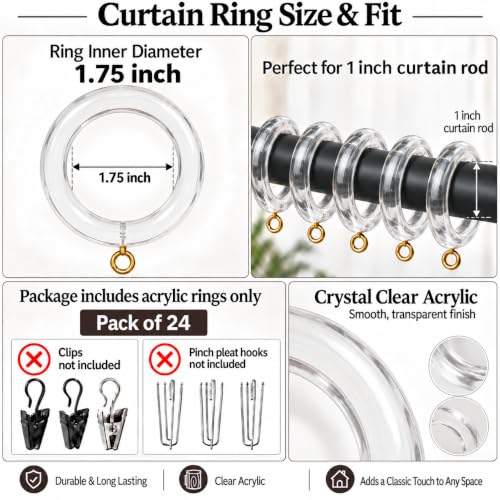 Acrylic Wooden Curtain Rings 24 Pack Without Clips - 1.75 Inch Inner Diameter, Farmhouse Style