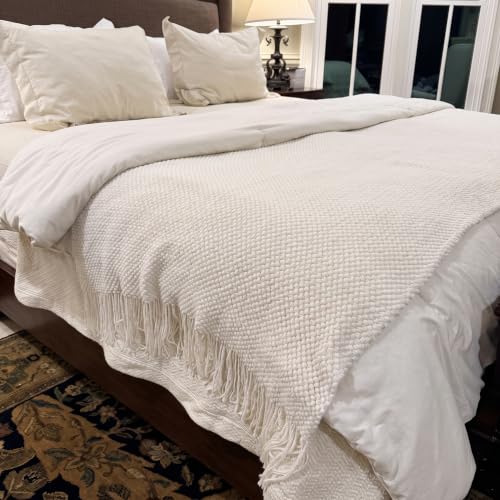 King Size Cotton Knit Bed Runner with Tassels - Beige 60x260cm / 23.6x102in