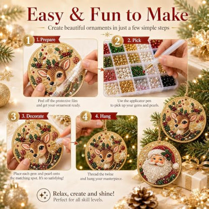 Christmas Pearl Art Ornaments Kit with Beads Gems & Twine - Color 1