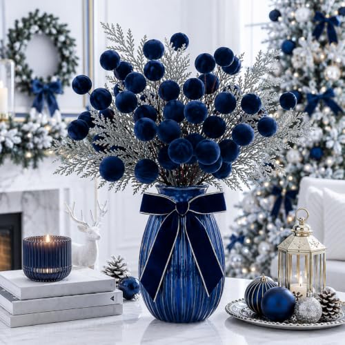 Foggy Blue Velvet Christmas Tree Picks Set - 8 Decorative Ornaments