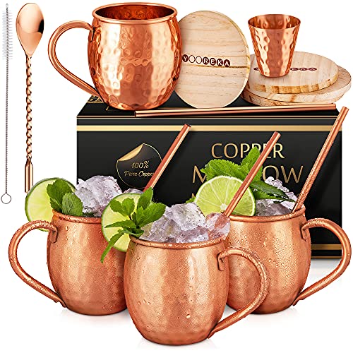 Copper Moscow Mule Mugs Set of 4 - Oval Handcrafted 16 oz Copper Cups with Straws & Coasters