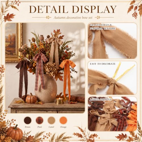 Thanksgiving Wreath Bows 24 Pack Fall Fabric Bows for Holiday Decorations - Brown & Orange, Classic Style