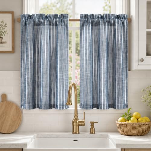 Hygge Navy Striped Tier Kitchen Curtains 26W x 36L, Set of 2