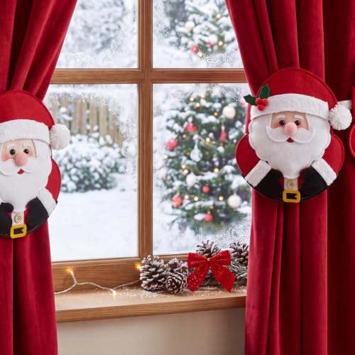 Christmas Santa Curtain Tiebacks - Felt Holiday Window Holdbacks (2 Pack)