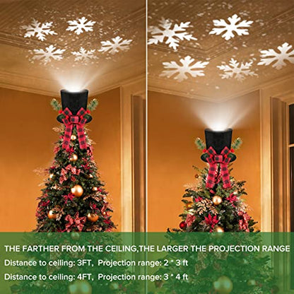 Lighted Christmas Tree Topper Hat with Snowflake Projector Black Velvet Bowler